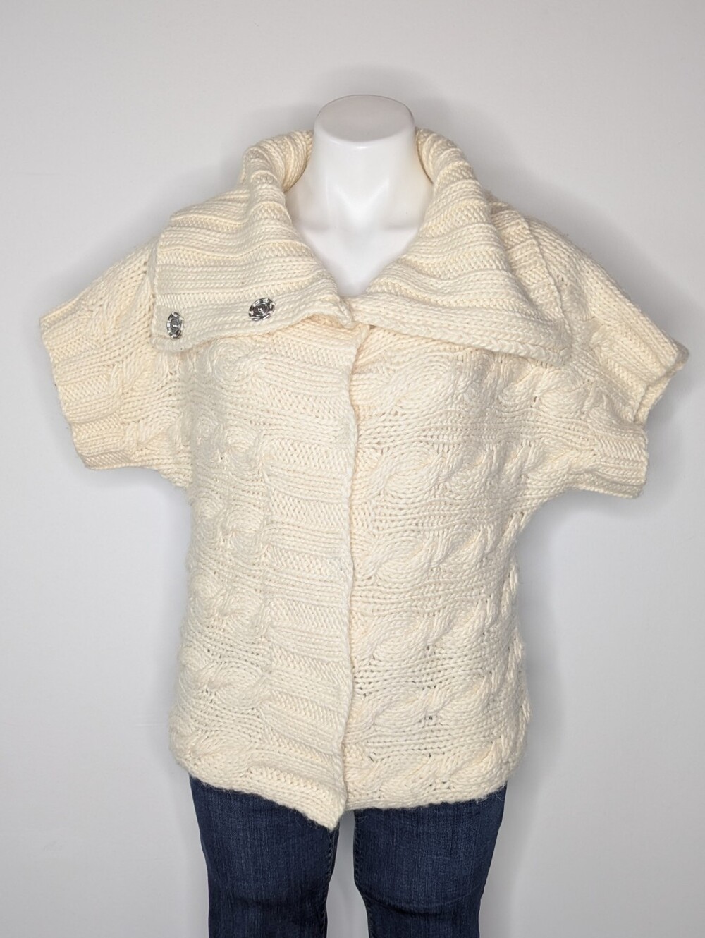 Gap Cream Thick Knit Snap Up Shirt Sleeve Wool Blend Cardigan Sweater M